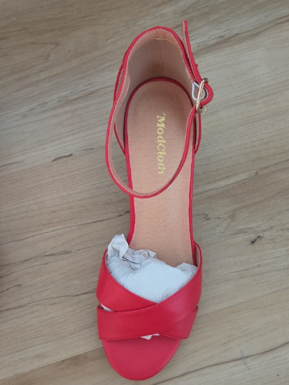 ModCloth Red Ankle-Strap Block Heel Sandals with Rainbow Heel - Picture 3 of 9